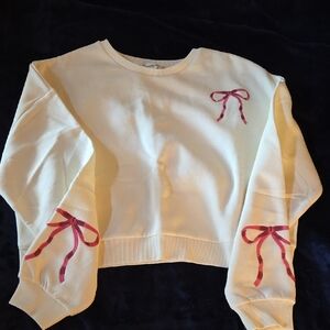 Francesca's Collections Cream Bow Embellished Cropped Sweatshirt LARGE